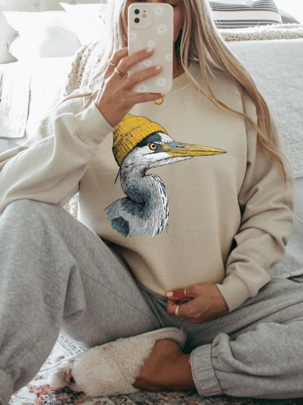 Retro 90s Great Blue Heron Wearing Beanie Vintage Birding Sweatshirt Nature Love